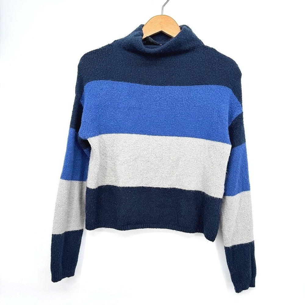 Cliche Sweater‎ Striped Mock Neck Fuzzy Wool Blend Color Block Winter Small